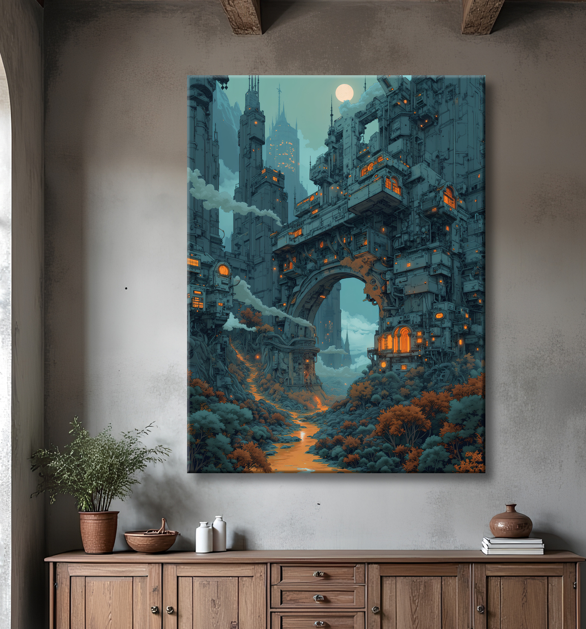 Tableau d'un paysage futuriste avec decor