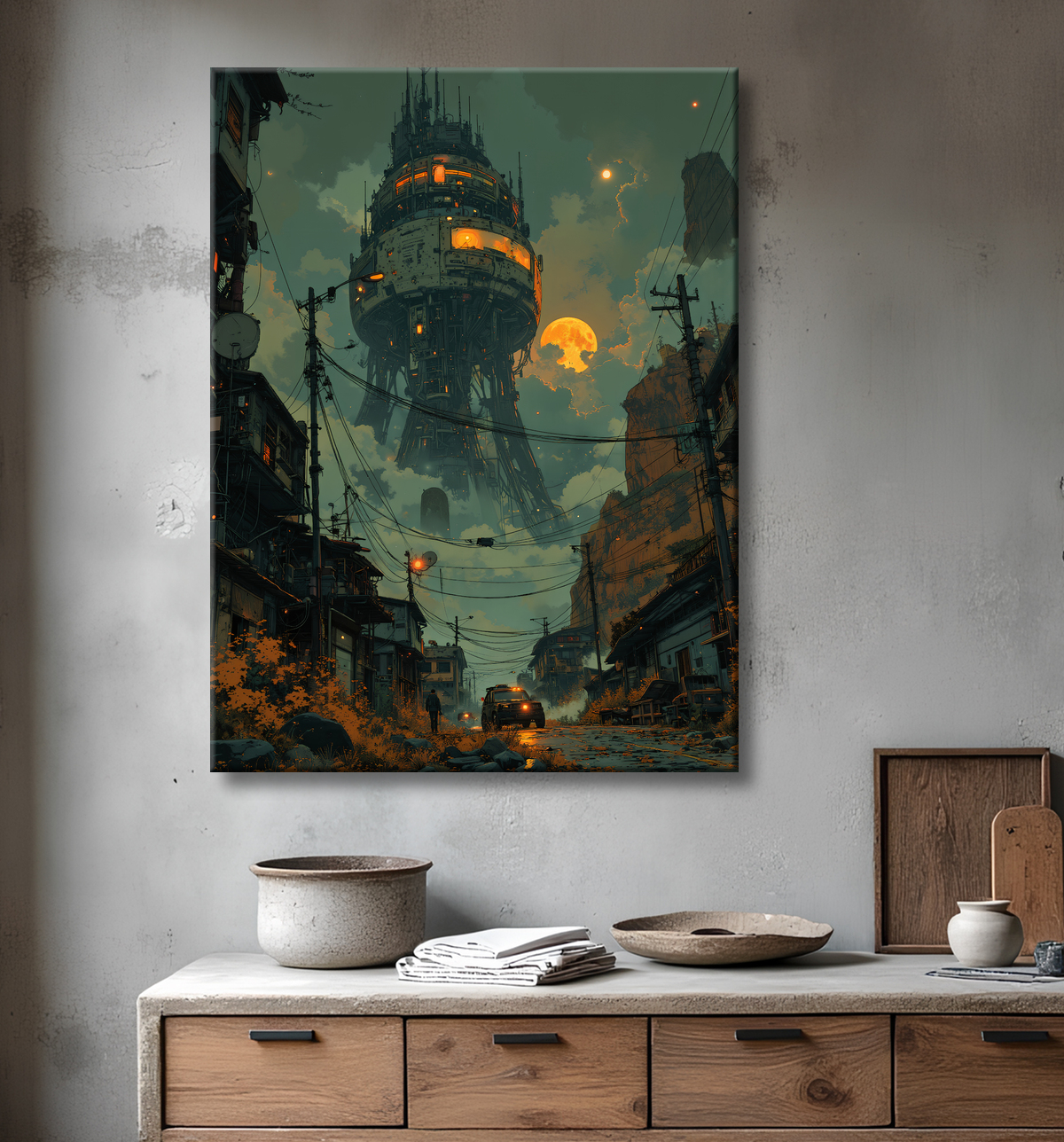 Tableau d'un paysage futuriste avec decor