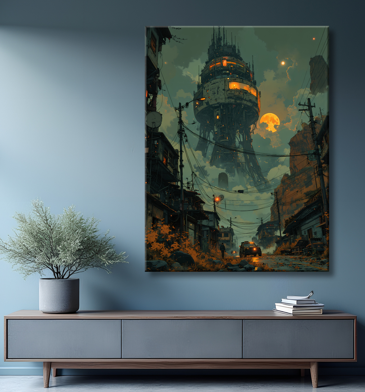Tableau d'un paysage futuriste avec decor