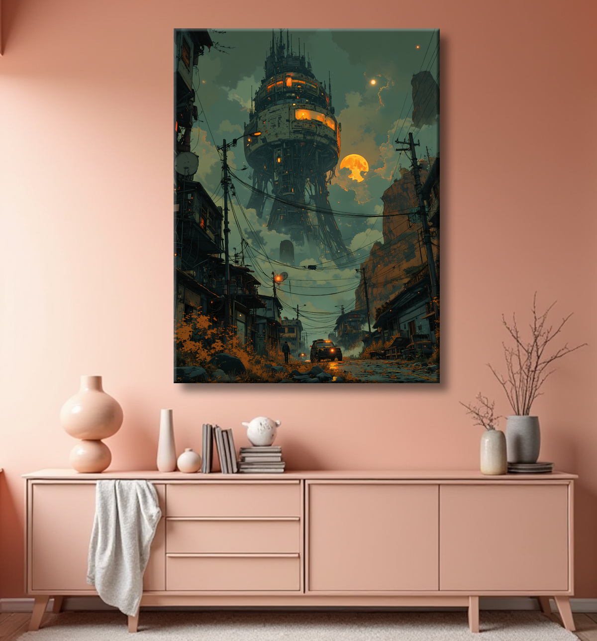 Tableau d'un paysage futuriste avec decor