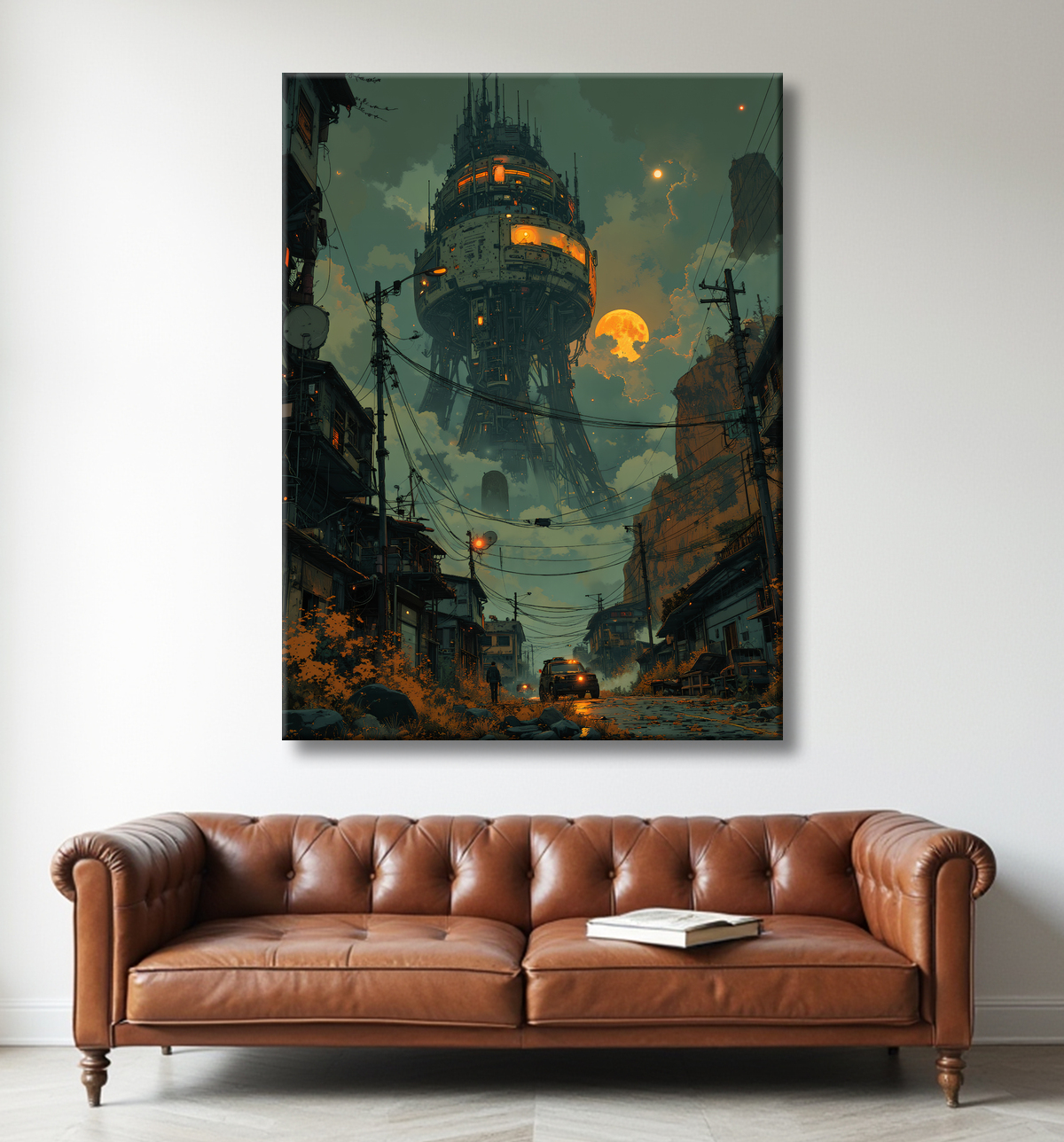 Tableau représentant un paysage sobre dans lequel émergent des structures futuristes aux formes organiques. Une scène imaginaire mêlant nature et architecture visionnaire.