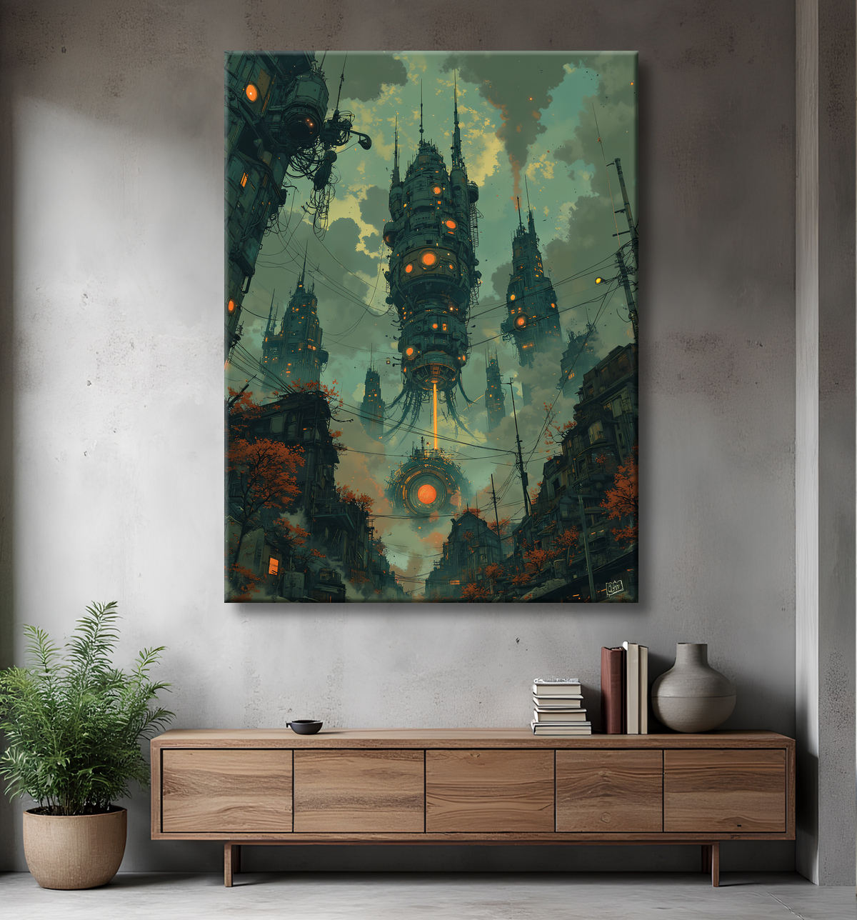 Tableau représentant un paysage sobre dans lequel émergent des structures futuristes aux formes organiques. Une scène imaginaire mêlant nature et architecture visionnaire.