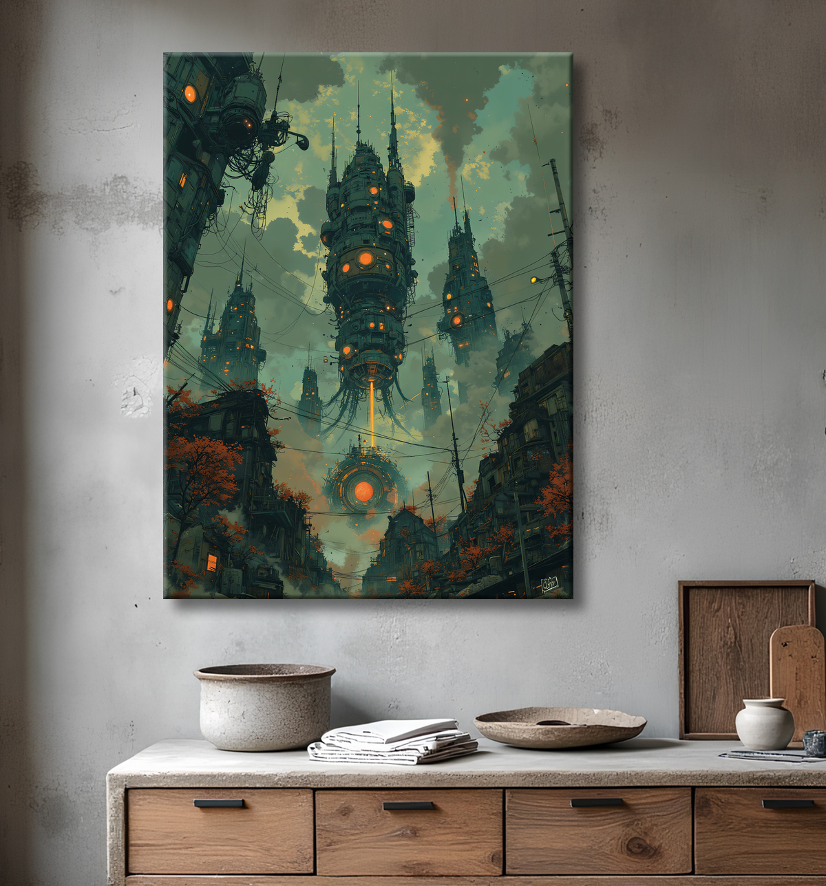Tableau d'un paysage futuriste avec decor