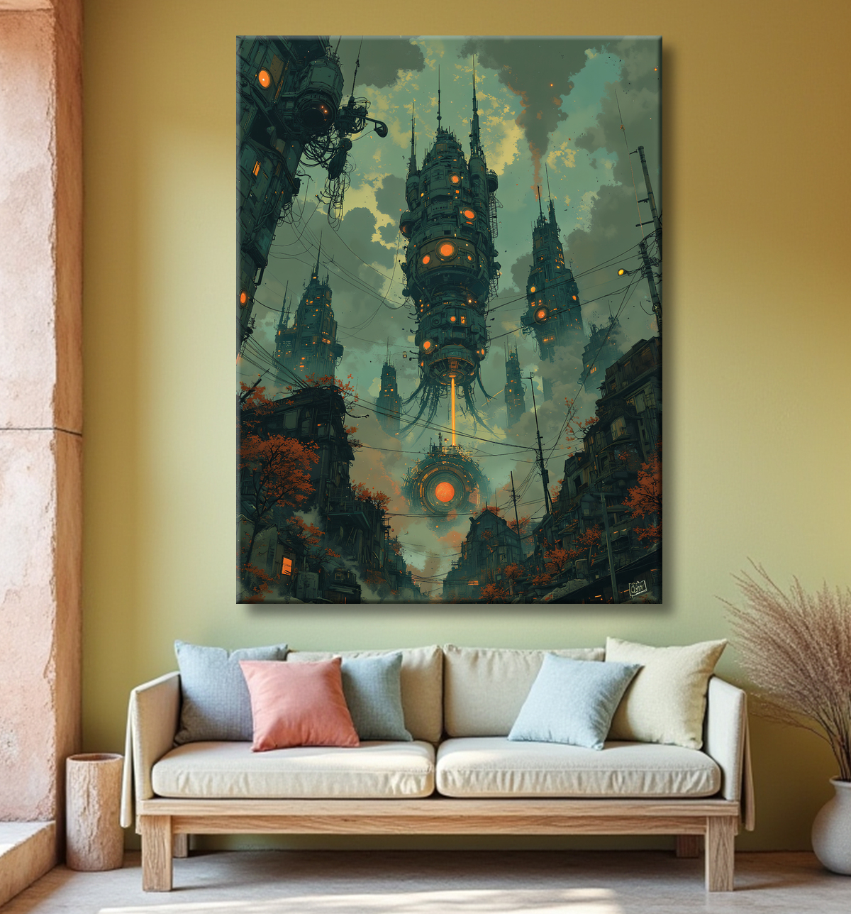 Tableau d'un paysage futuriste avec decor