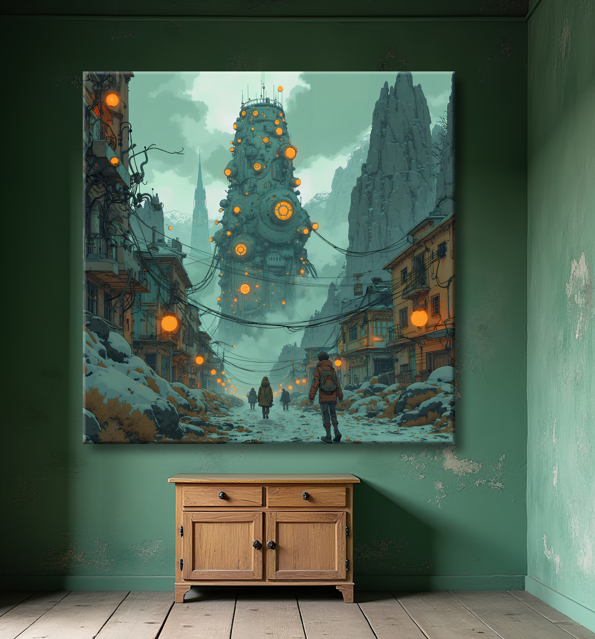 Tableau représentant un paysage sobre dans lequel émergent des structures futuristes aux formes organiques. Une scène imaginaire mêlant nature et architecture visionnaire.