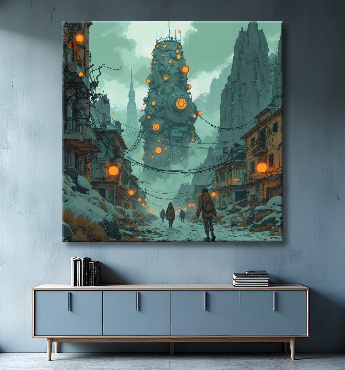 Tableau d'un paysage futuriste avec decor