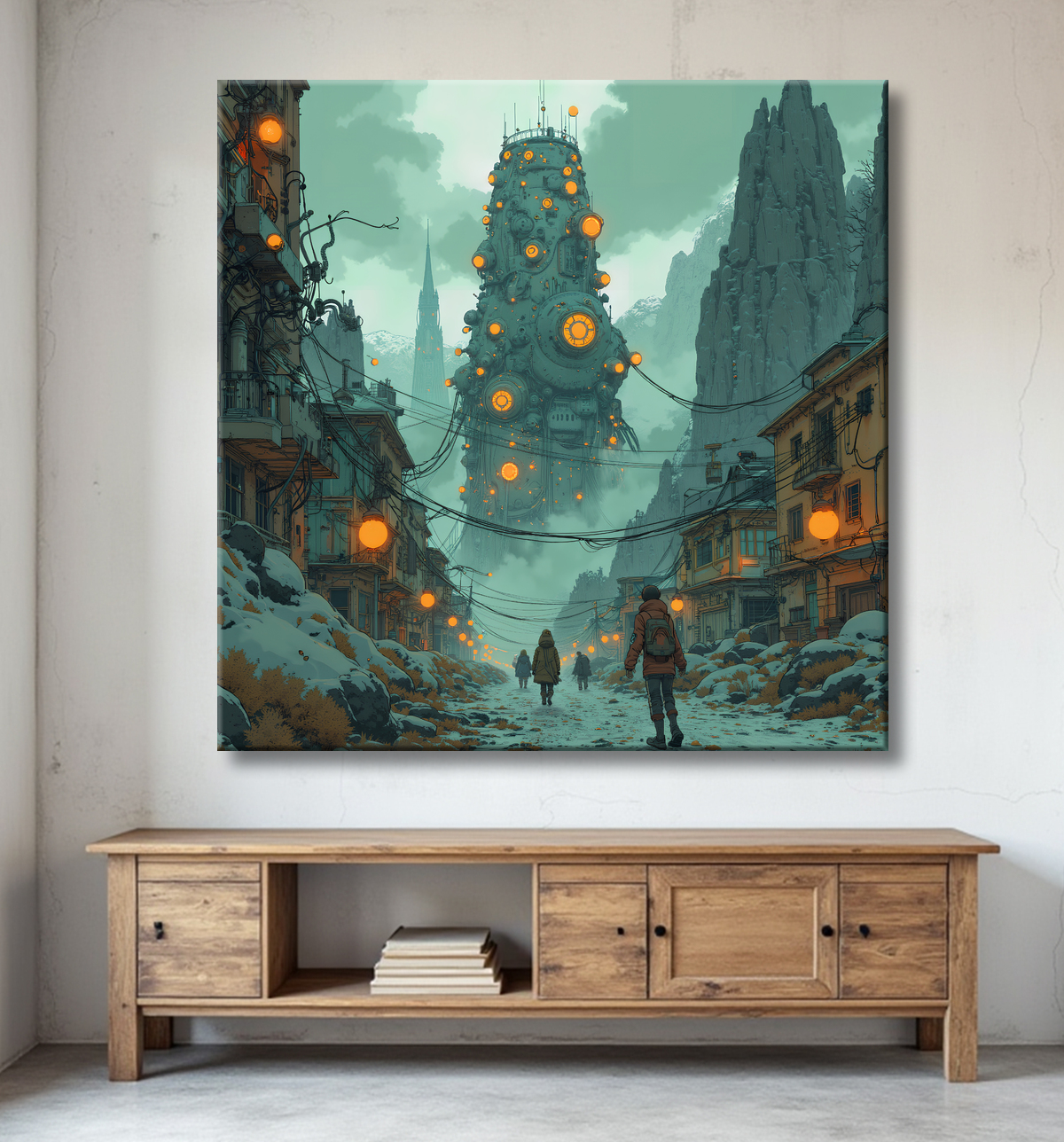Tableau d'un paysage futuriste avec decor