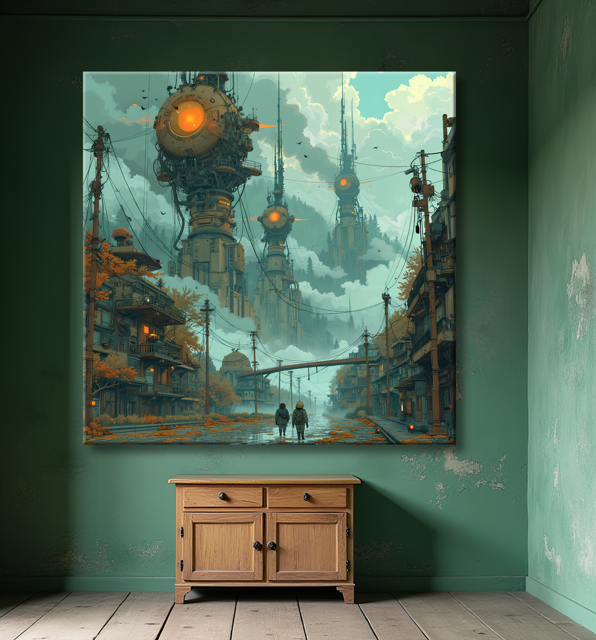 Tableau d'un paysage futuriste avec decor