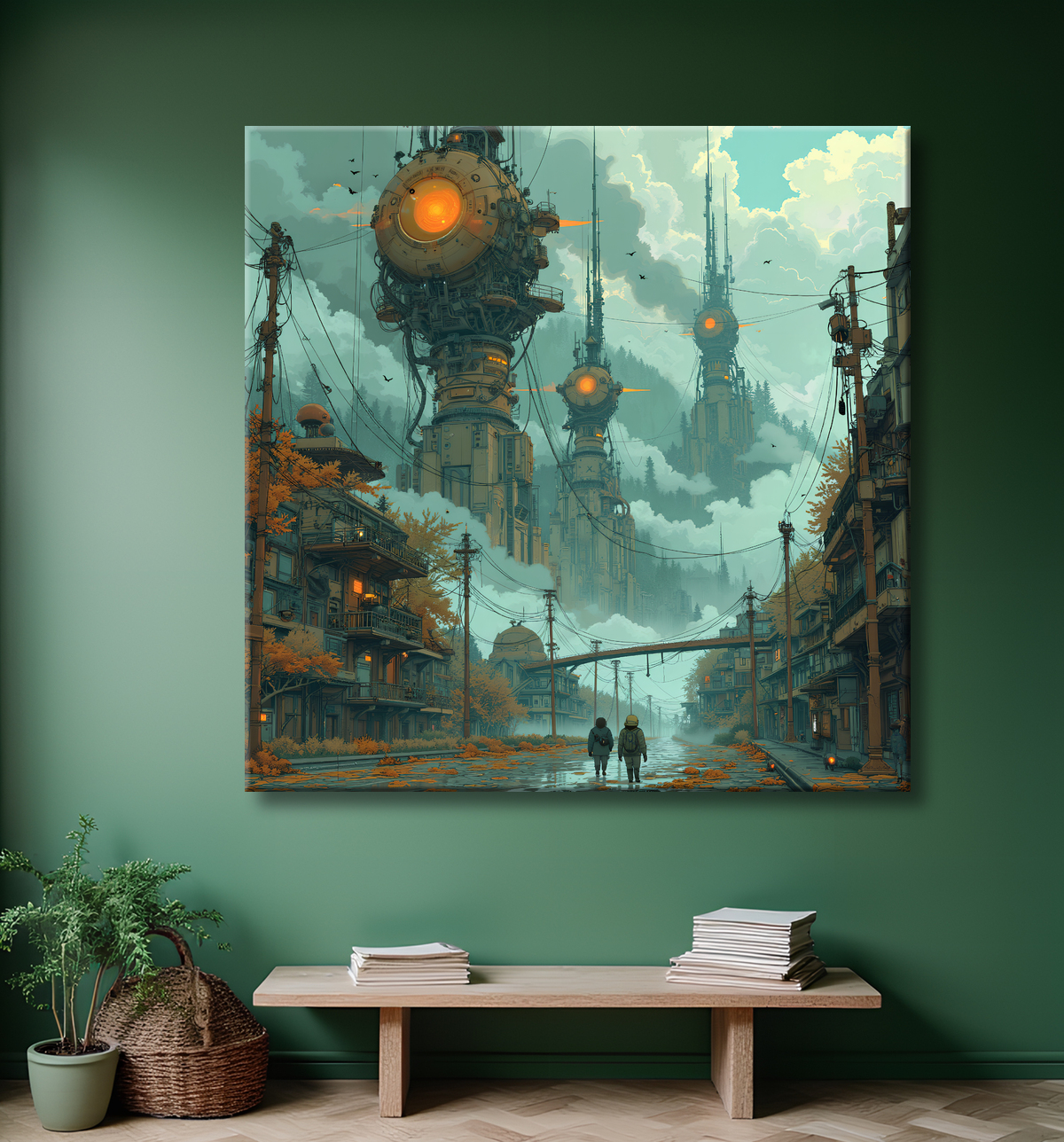 Tableau représentant un paysage sobre dans lequel émergent des structures futuristes aux formes organiques. Une scène imaginaire mêlant nature et architecture visionnaire.