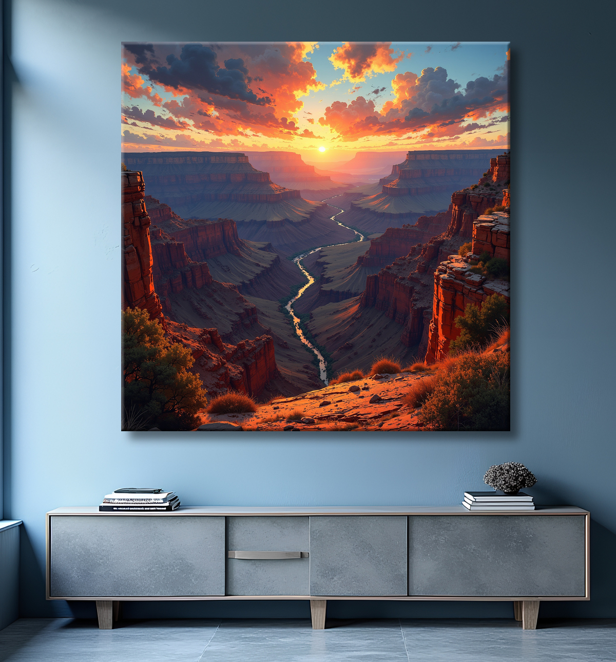 Tableau de paysage représentant une vue large et impressionnante sur le Grand Canyon. Une œuvre immersive aux reliefs majestueux et aux nuances minérales.