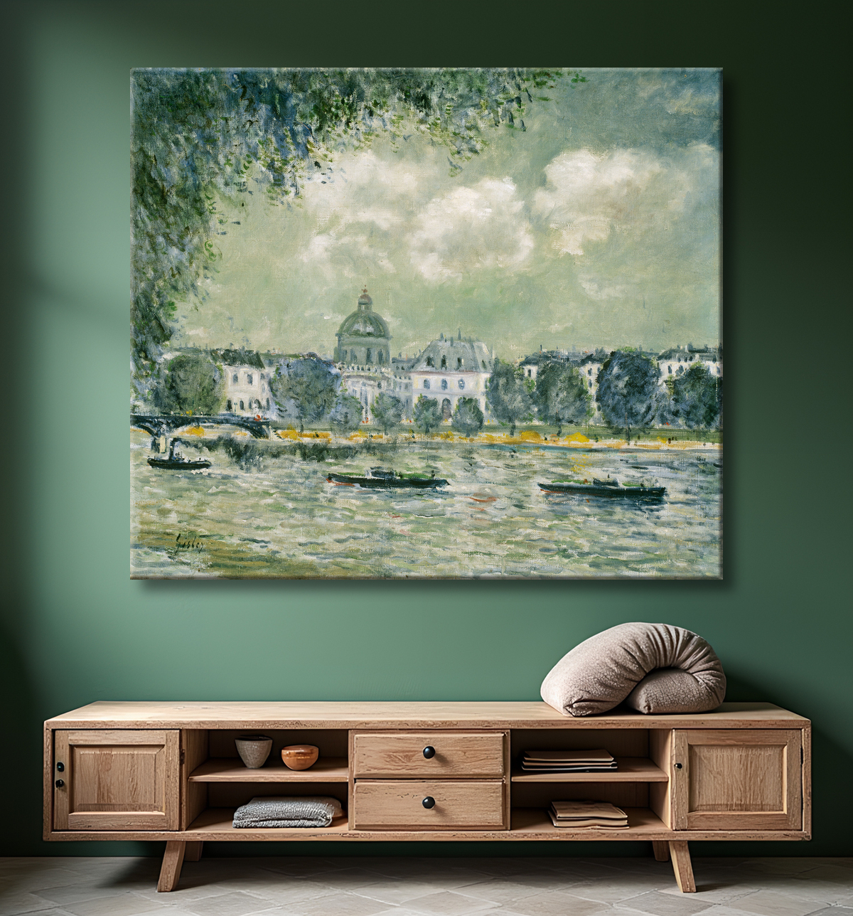 Reproduction Paysage le long de la Seine avec l'Institut de France et le Pont des Arts de Alfred Sisley avec decor