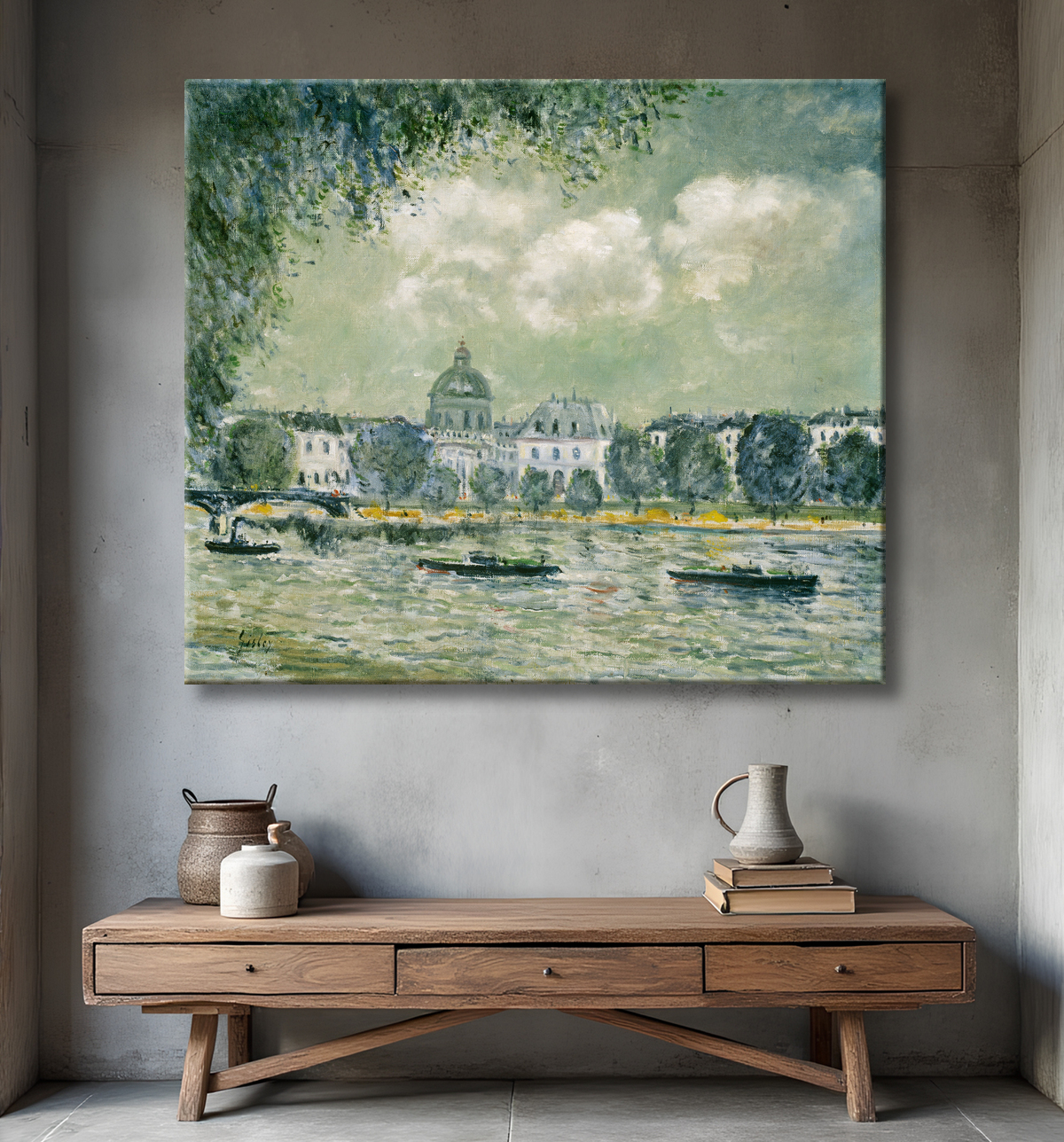 Reproduction Paysage le long de la Seine avec l'Institut de France et le Pont des Arts de Alfred Sisley avec decor