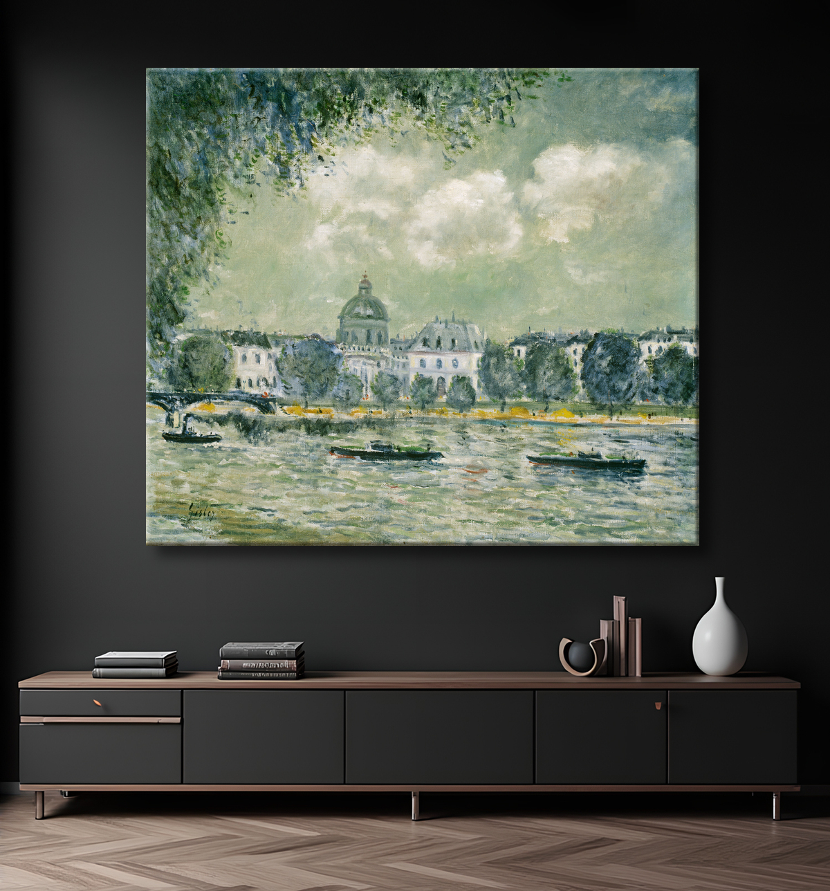 Reproduction Paysage le long de la Seine avec l'Institut de France et le Pont des Arts de Alfred Sisley avec decor