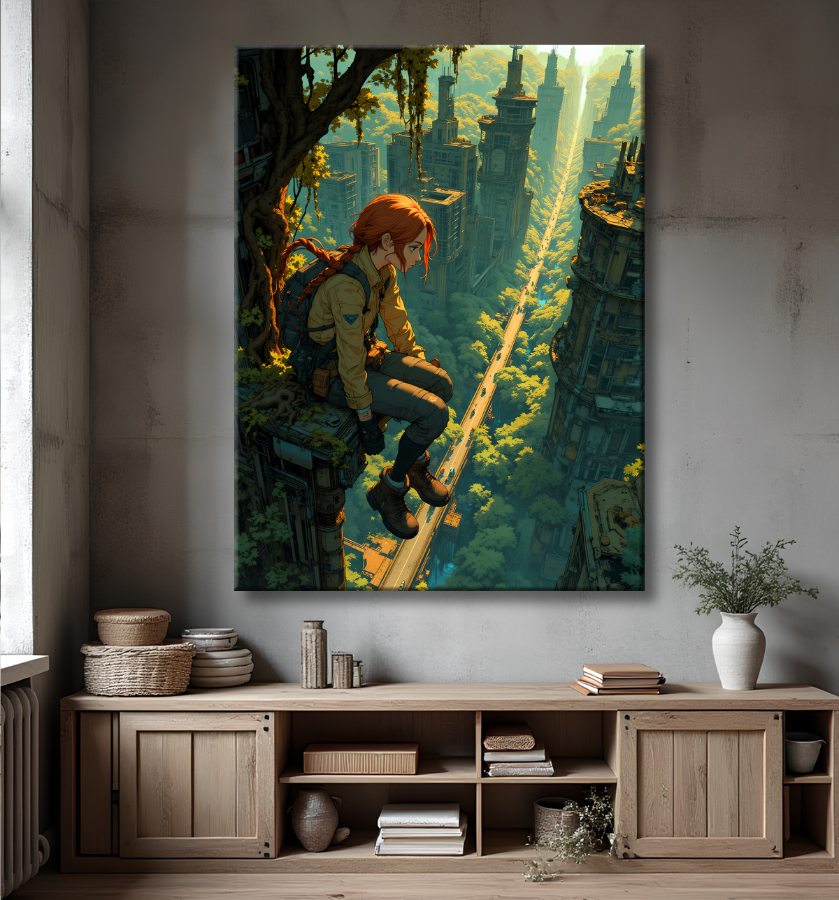 Tableau manga apocalyptique : vue vertigineuse sur ville envahie avec decor