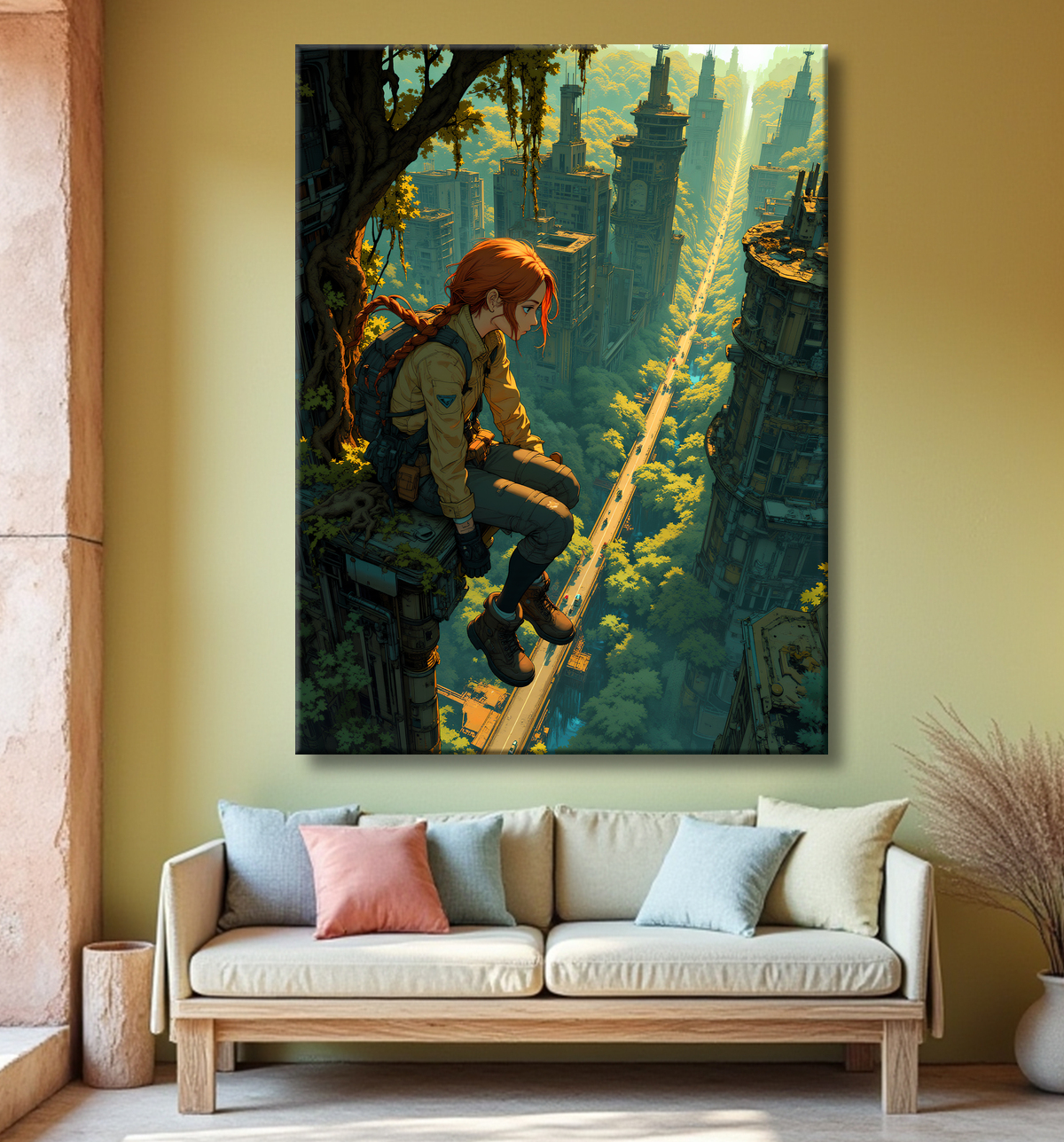 Tableau manga apocalyptique : vue vertigineuse sur ville envahie avec decor