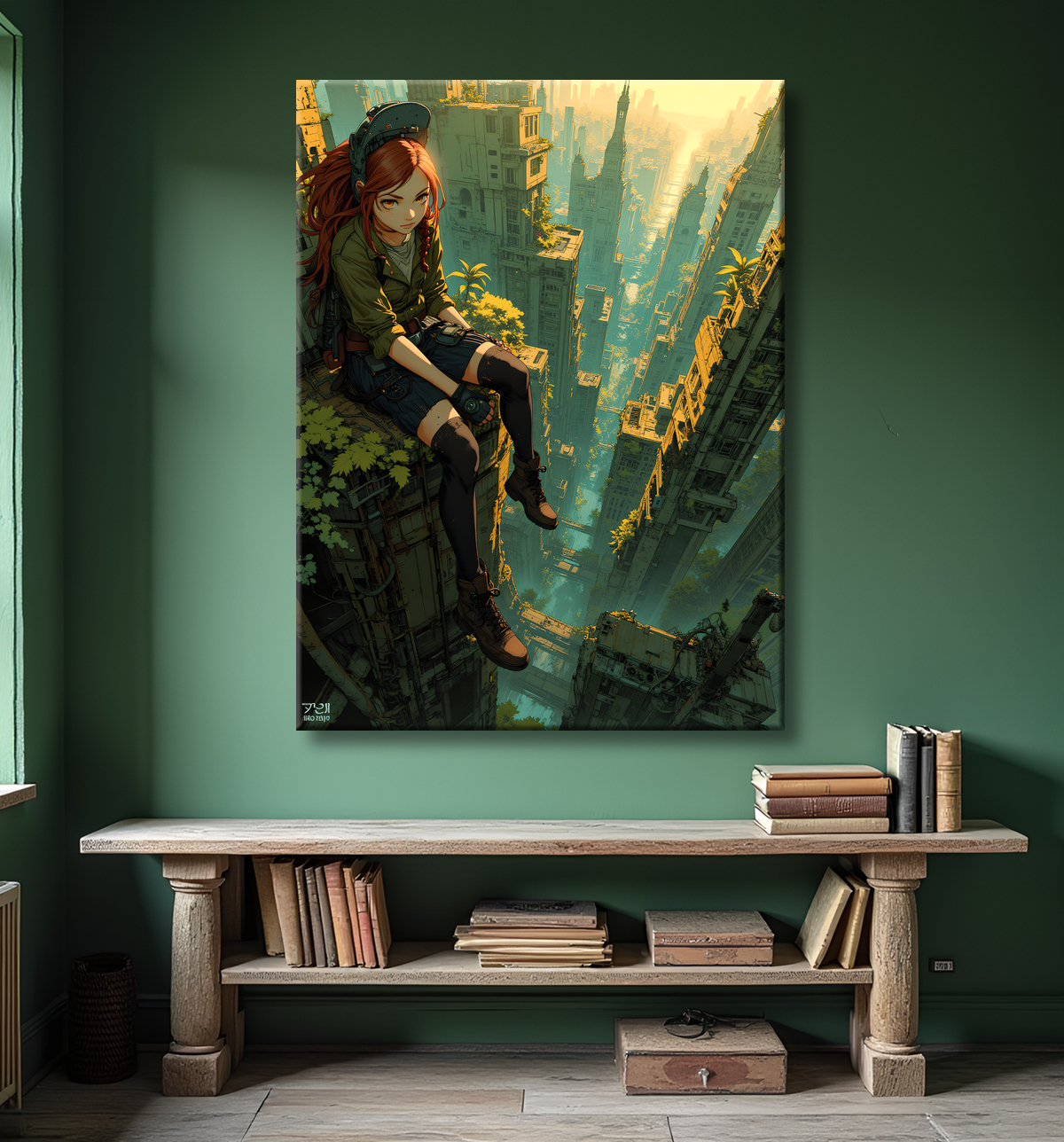 Tableau manga apocalyptique : vue vertigineuse sur ville envahie avec decor