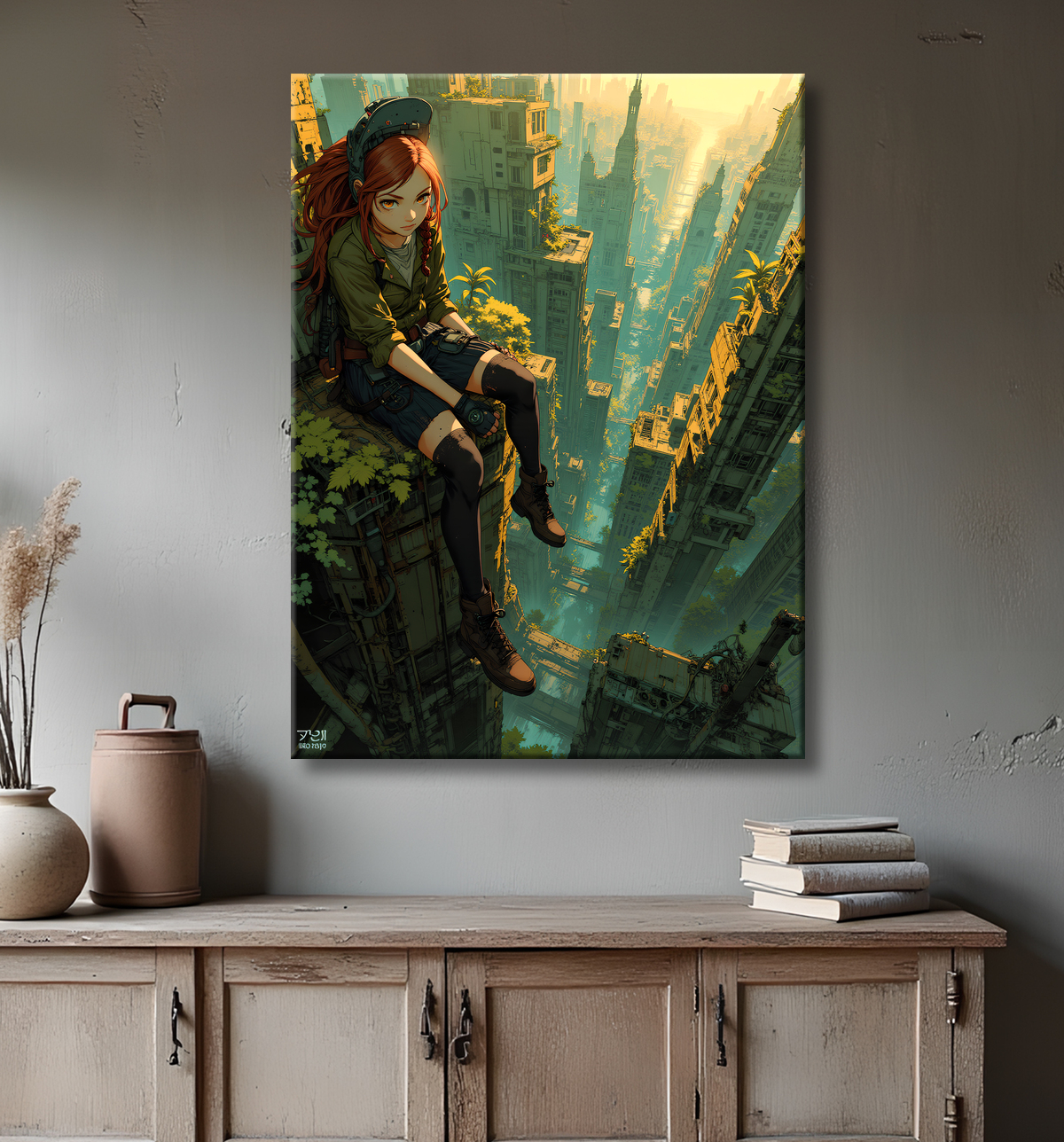 Tableau manga apocalyptique : vue vertigineuse sur ville envahie avec decor