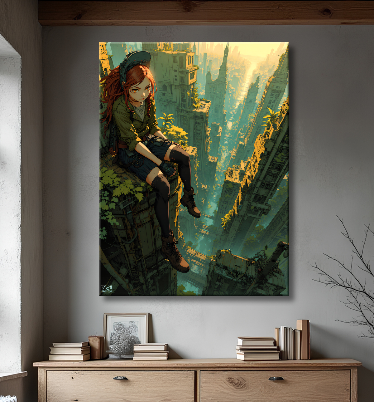 Tableau manga apocalyptique : vue vertigineuse sur ville envahie avec decor