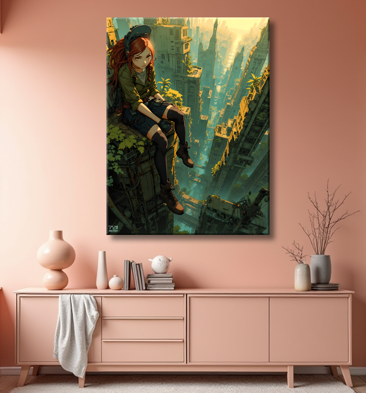 Tableau manga apocalyptique : vue vertigineuse sur ville envahie avec decor