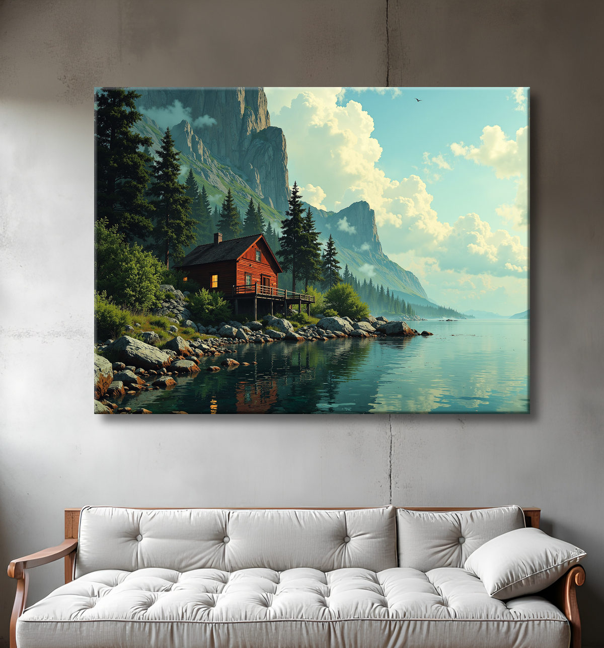 Paysage scandinave avec lac et maison rouge avec decor