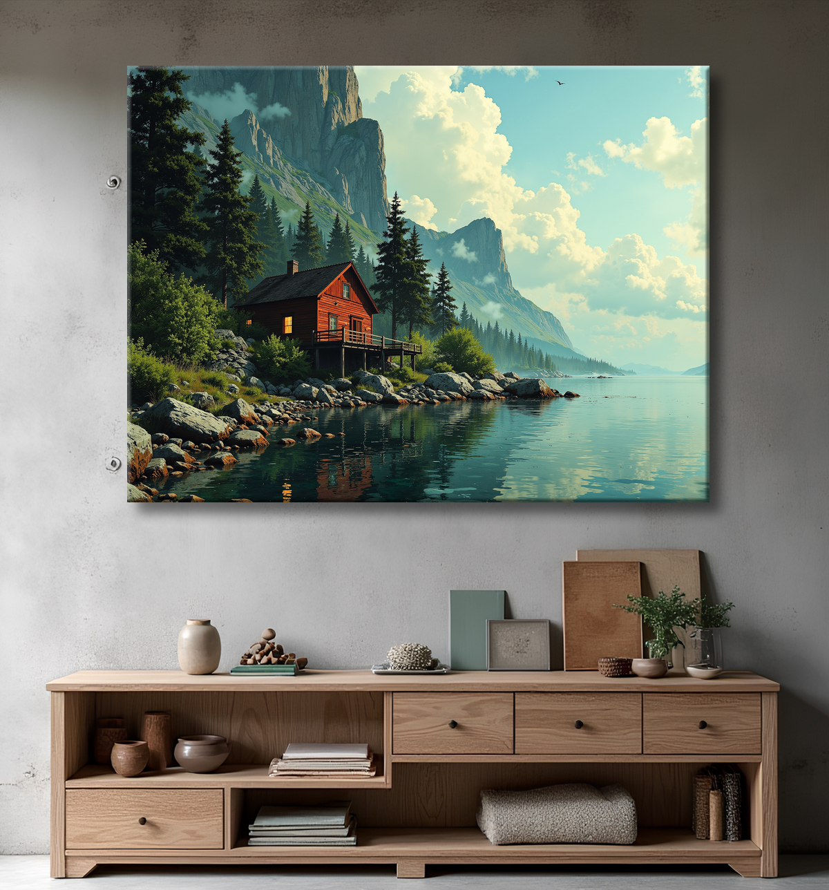 Paysage scandinave avec lac et maison rouge avec decor
