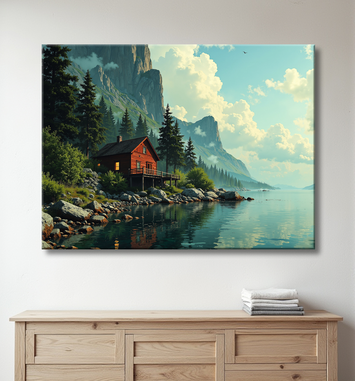 Paysage scandinave avec lac et maison rouge avec decor