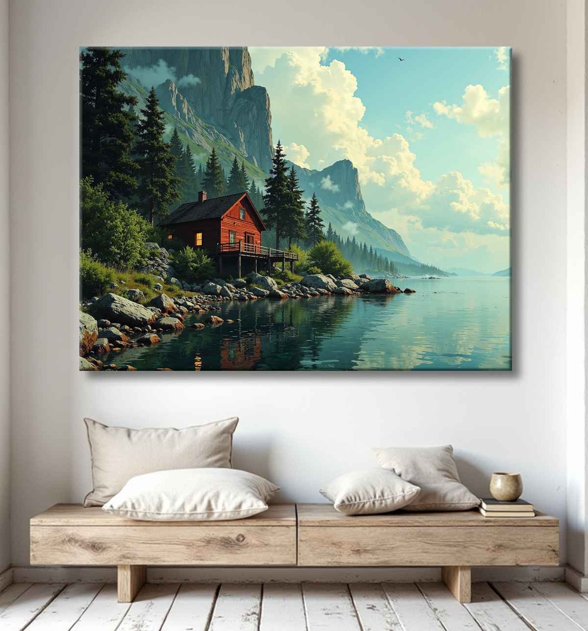 Paysage scandinave avec lac et maison rouge avec decor