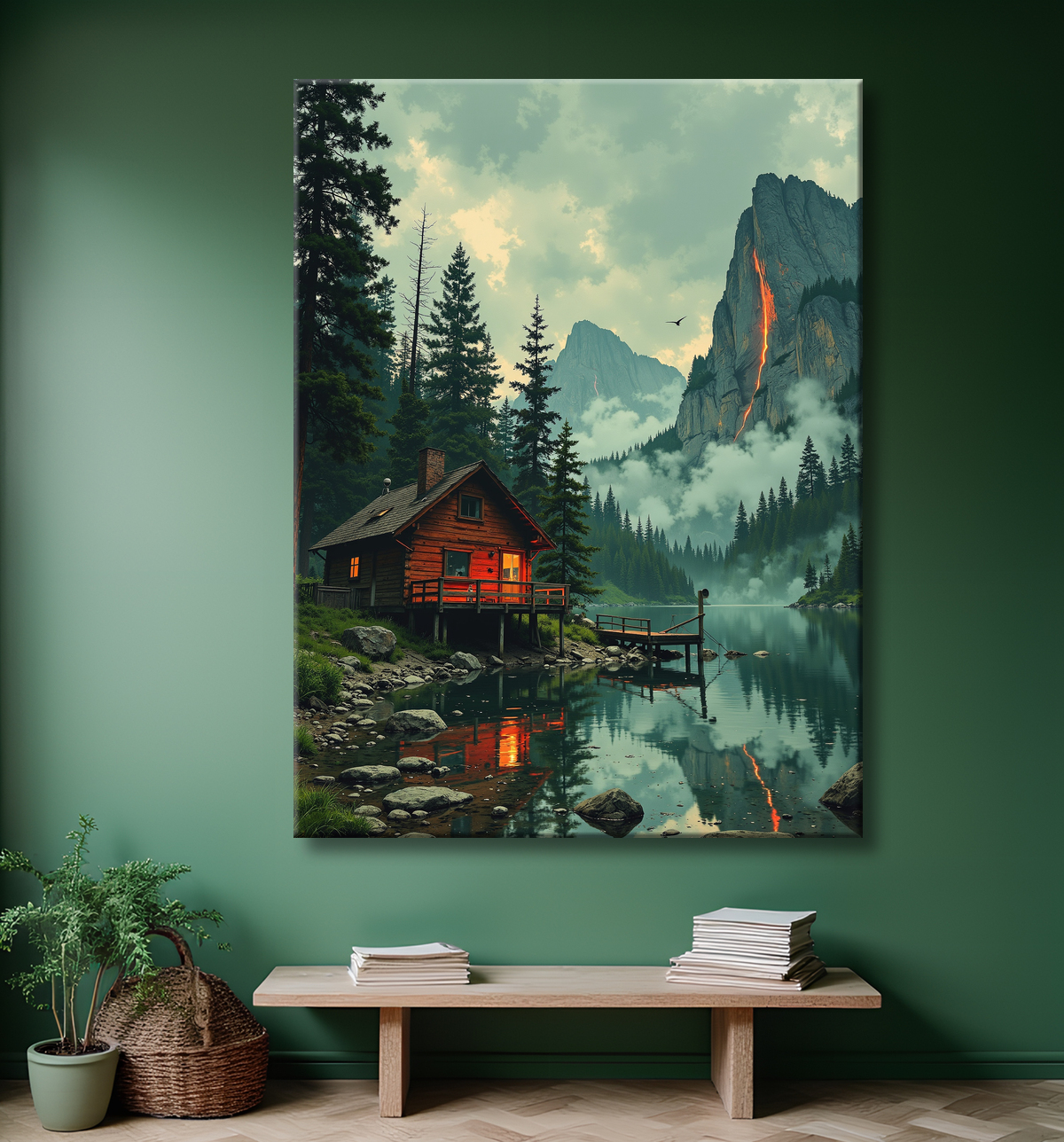 Paysage scandinave avec lac et maison rouge avec decor
