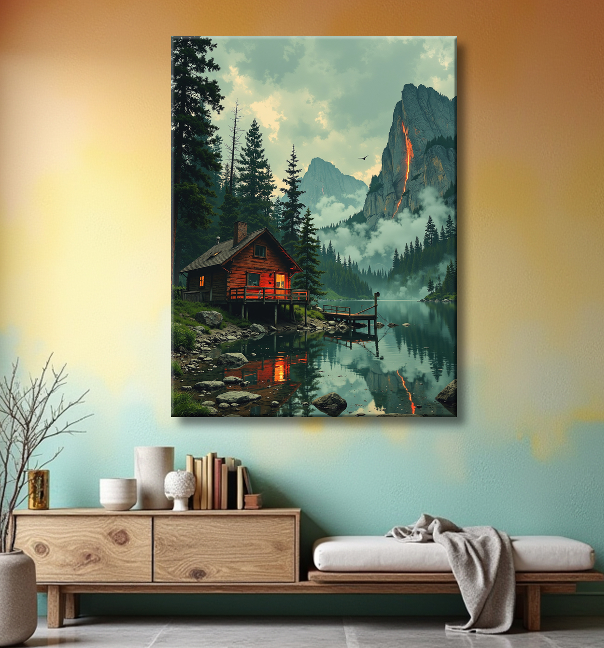 Paysage scandinave avec lac et maison rouge avec decor
