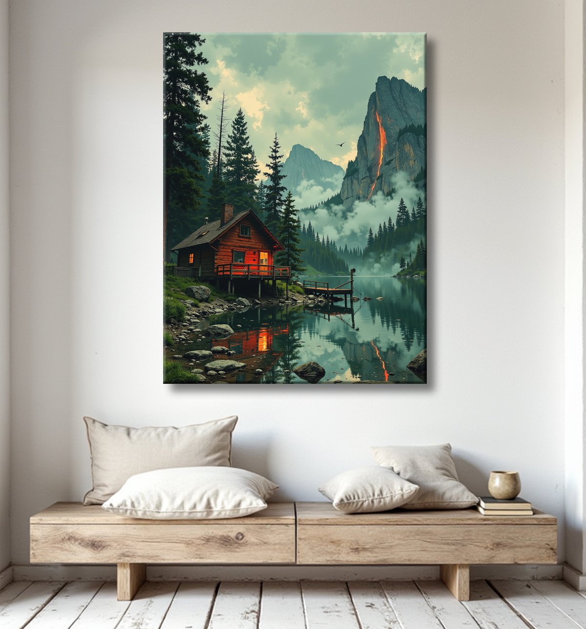 Paysage scandinave avec lac et maison rouge avec decor