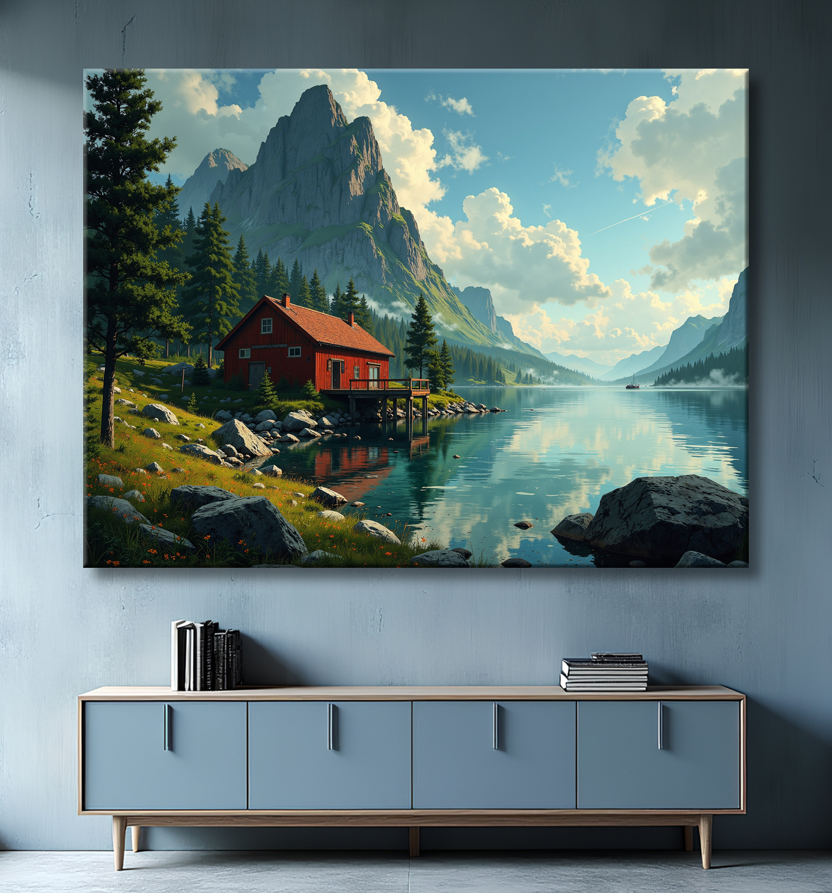 Paysage scandinave avec lac et maison rouge avec decor