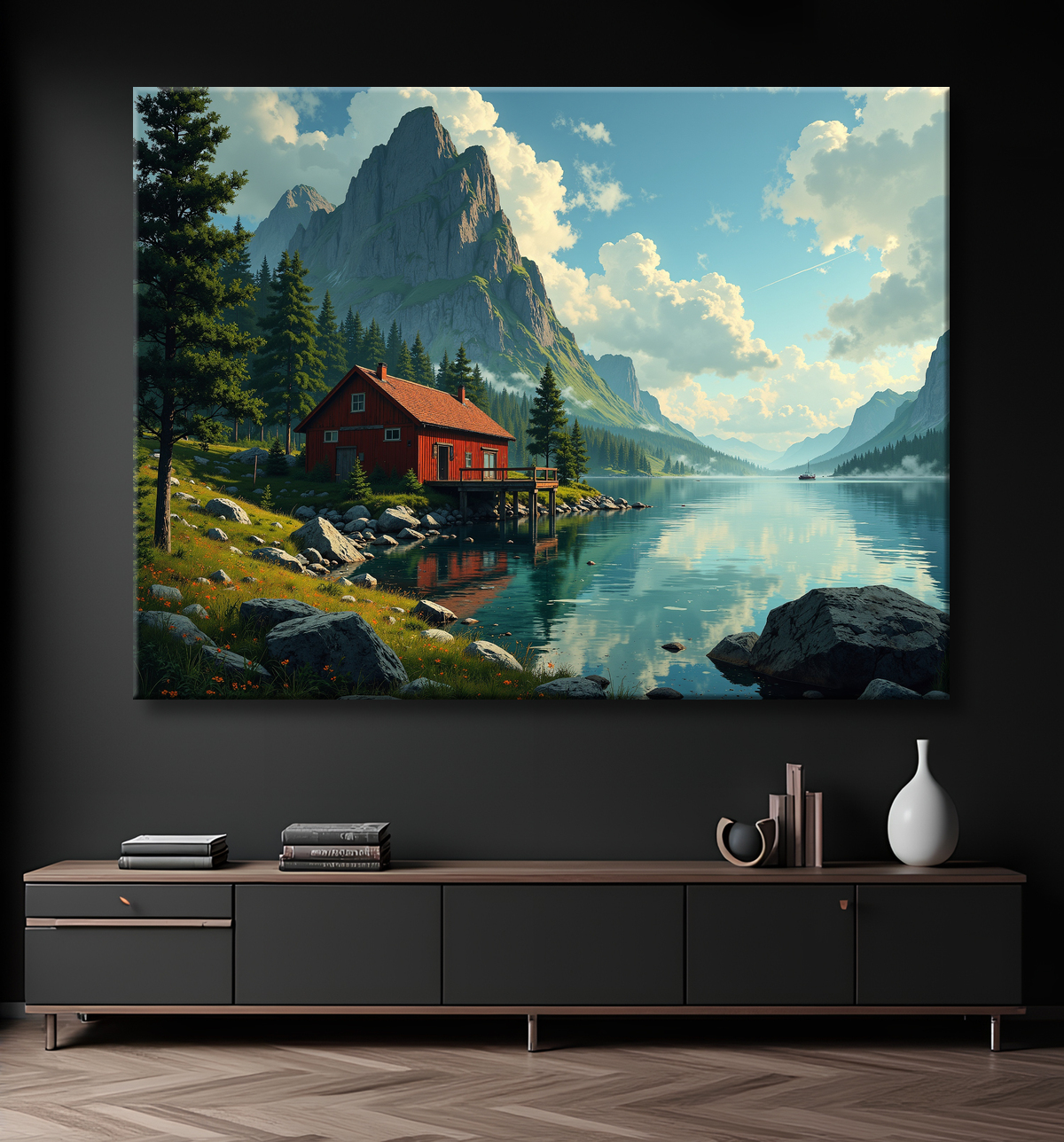 Paysage scandinave avec lac et maison rouge avec decor