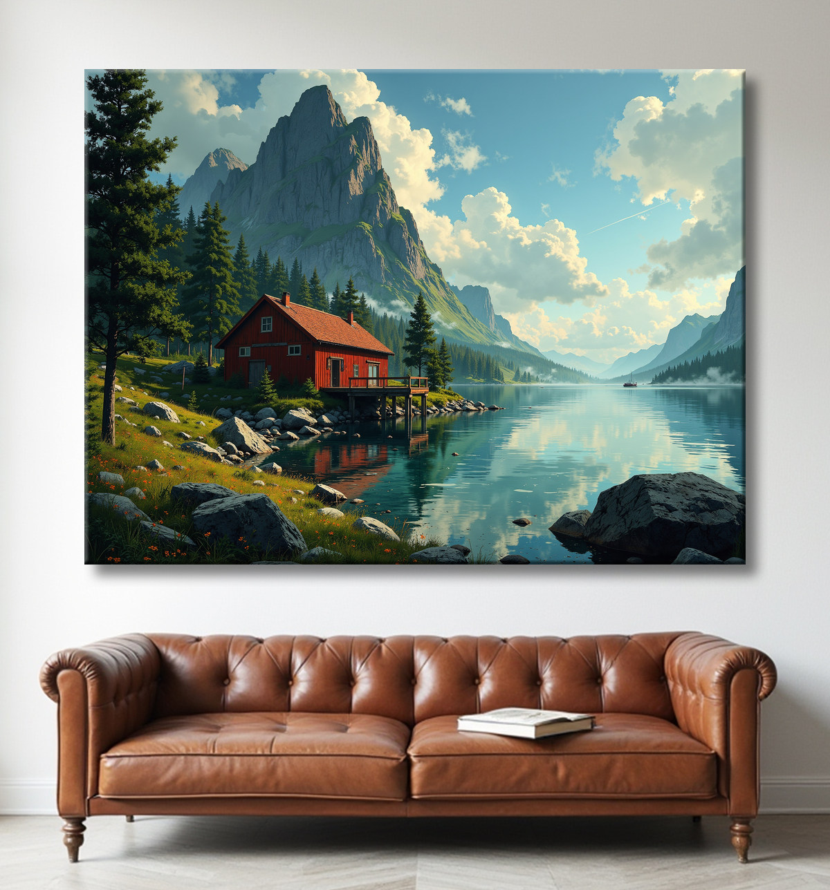 Paysage scandinave avec lac et maison rouge avec decor
