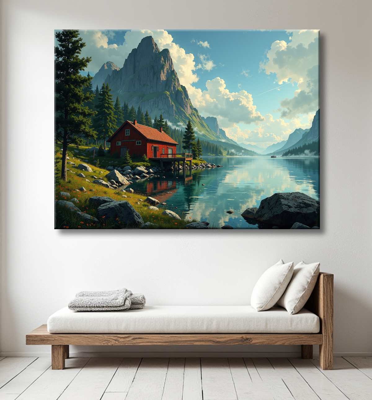 Paysage scandinave avec lac et maison rouge avec decor