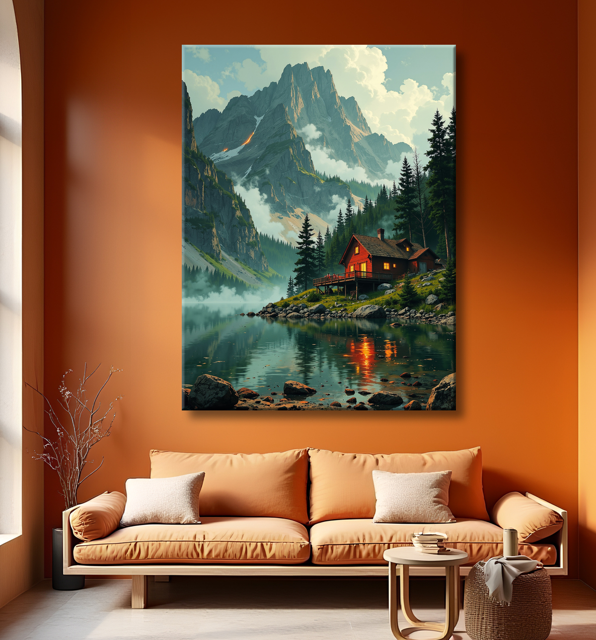 Paysage scandinave avec lac et maison rouge avec decor