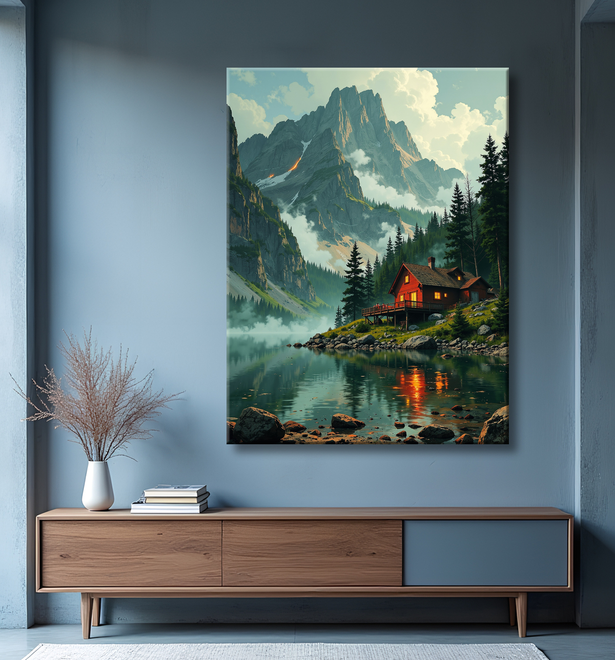Paysage scandinave avec lac et maison rouge avec decor