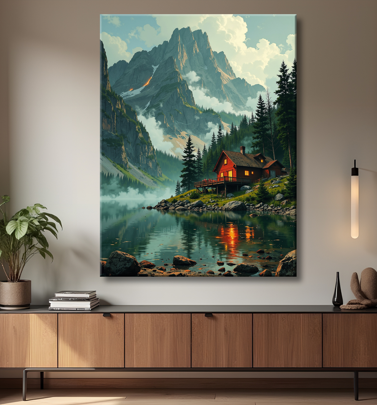 Paysage scandinave avec lac et maison rouge avec decor