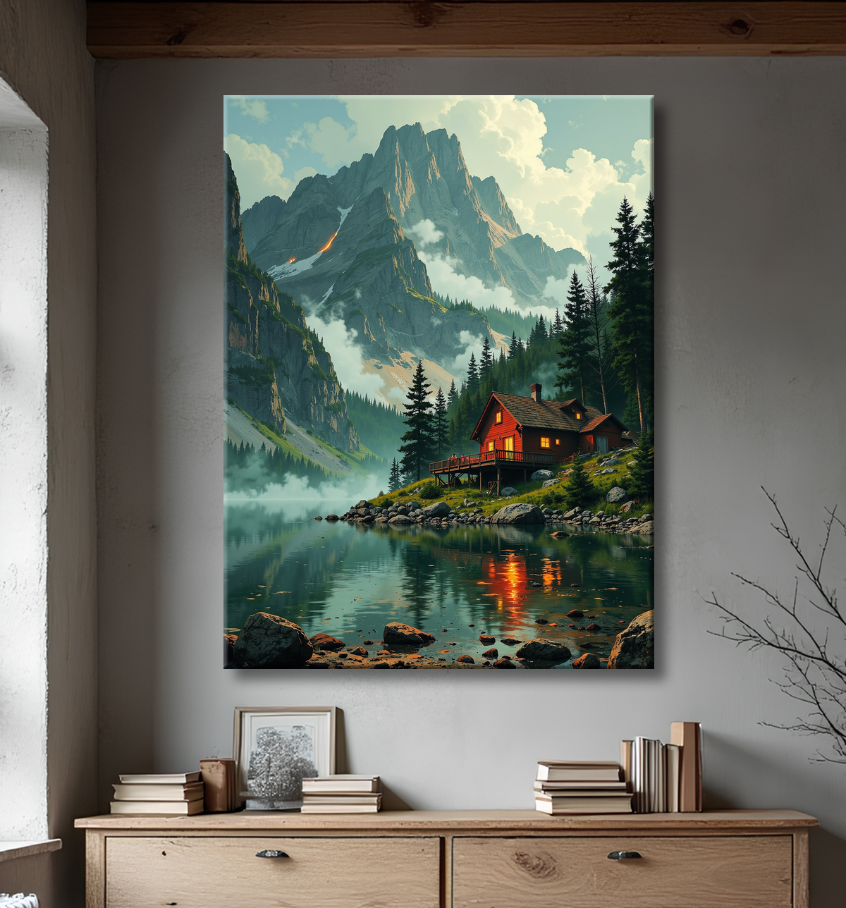 Paysage scandinave avec lac et maison rouge avec decor