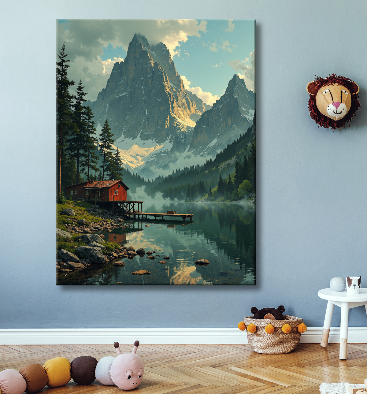 Paysage scandinave avec lac et maison rouge avec decor
