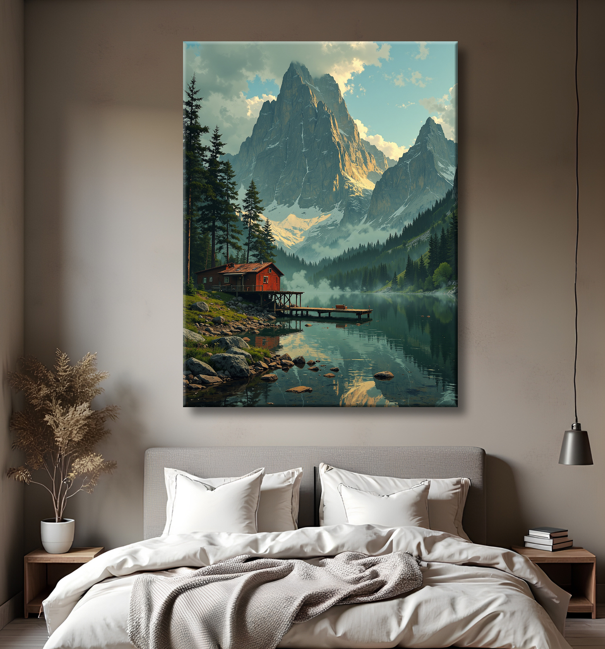 Paysage scandinave avec lac et maison rouge avec decor