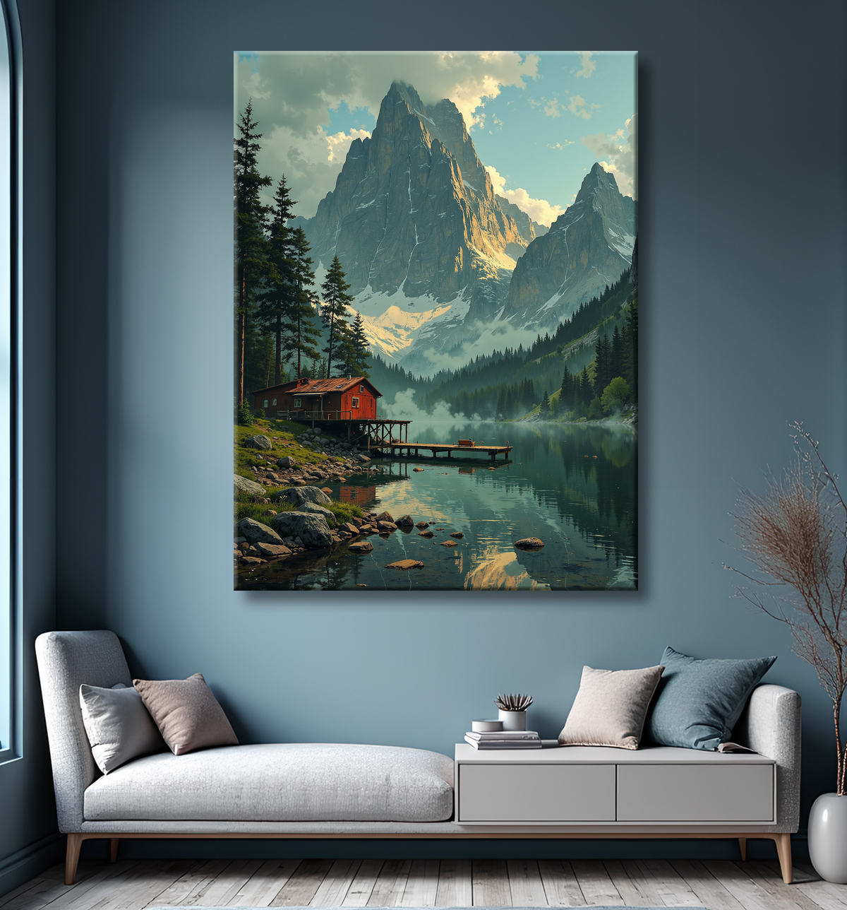 Paysage scandinave avec lac et maison rouge avec decor