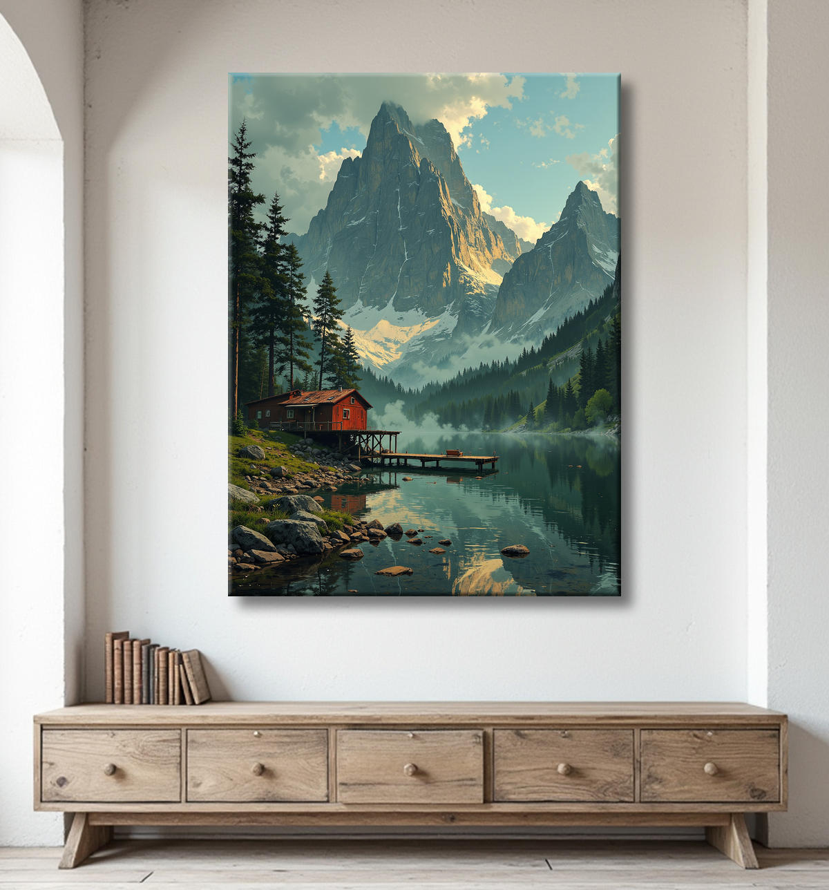 Tableau représentant un paysage scandinave de montagne en Suède, avec un lac paisible bordé par une maison en bois rouge typique. Une scène nordique majestueuse et apaisante.