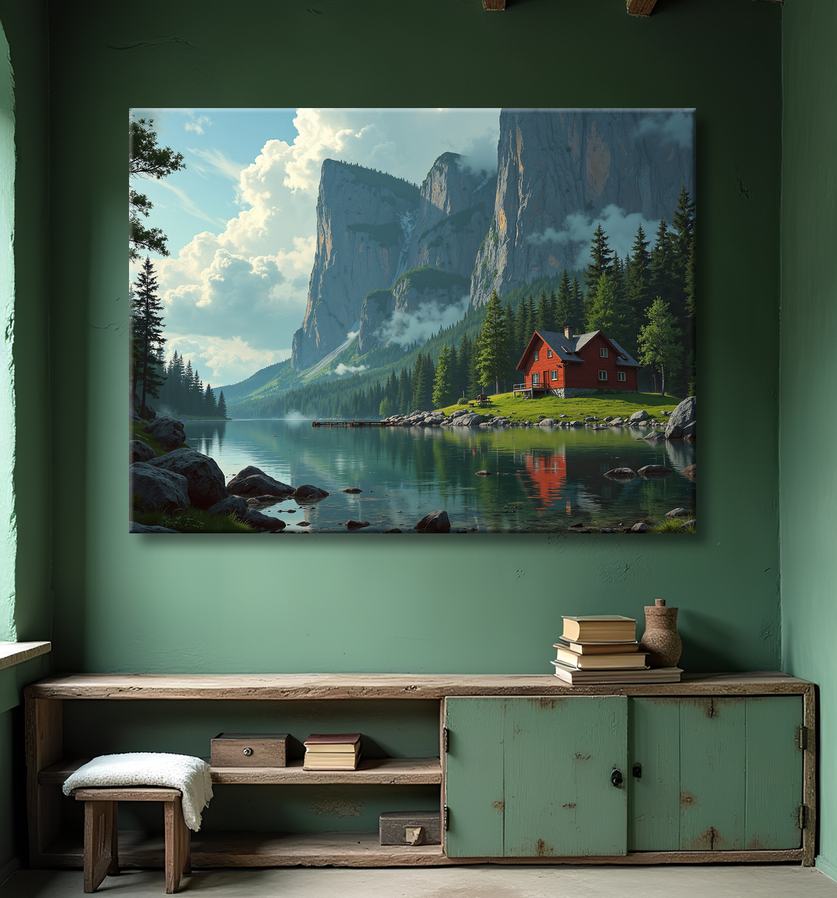Paysage scandinave avec lac et maison rouge avec decor