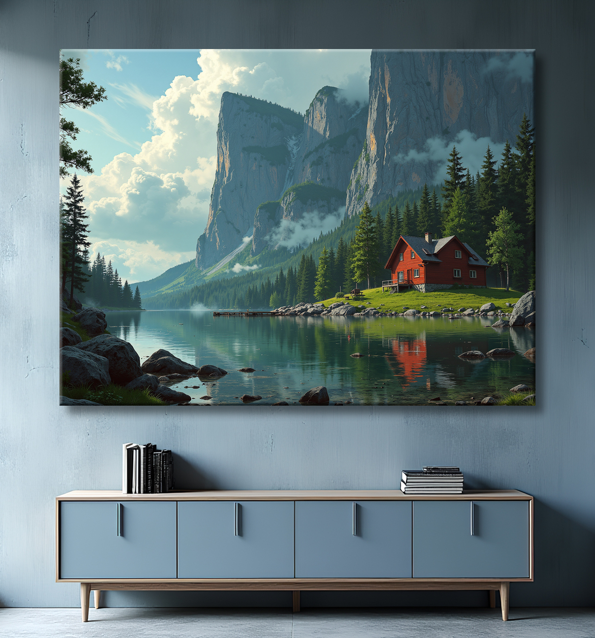 Paysage scandinave avec lac et maison rouge avec decor