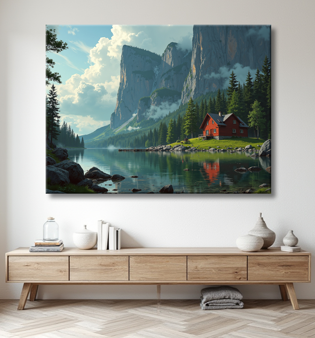 Paysage scandinave avec lac et maison rouge avec decor