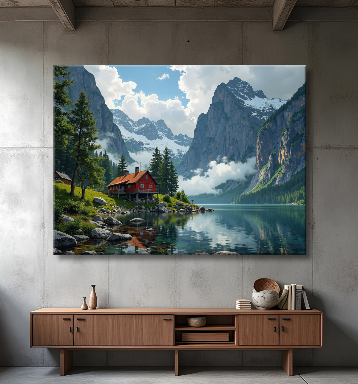 Paysage scandinave avec lac et maison rouge avec decor