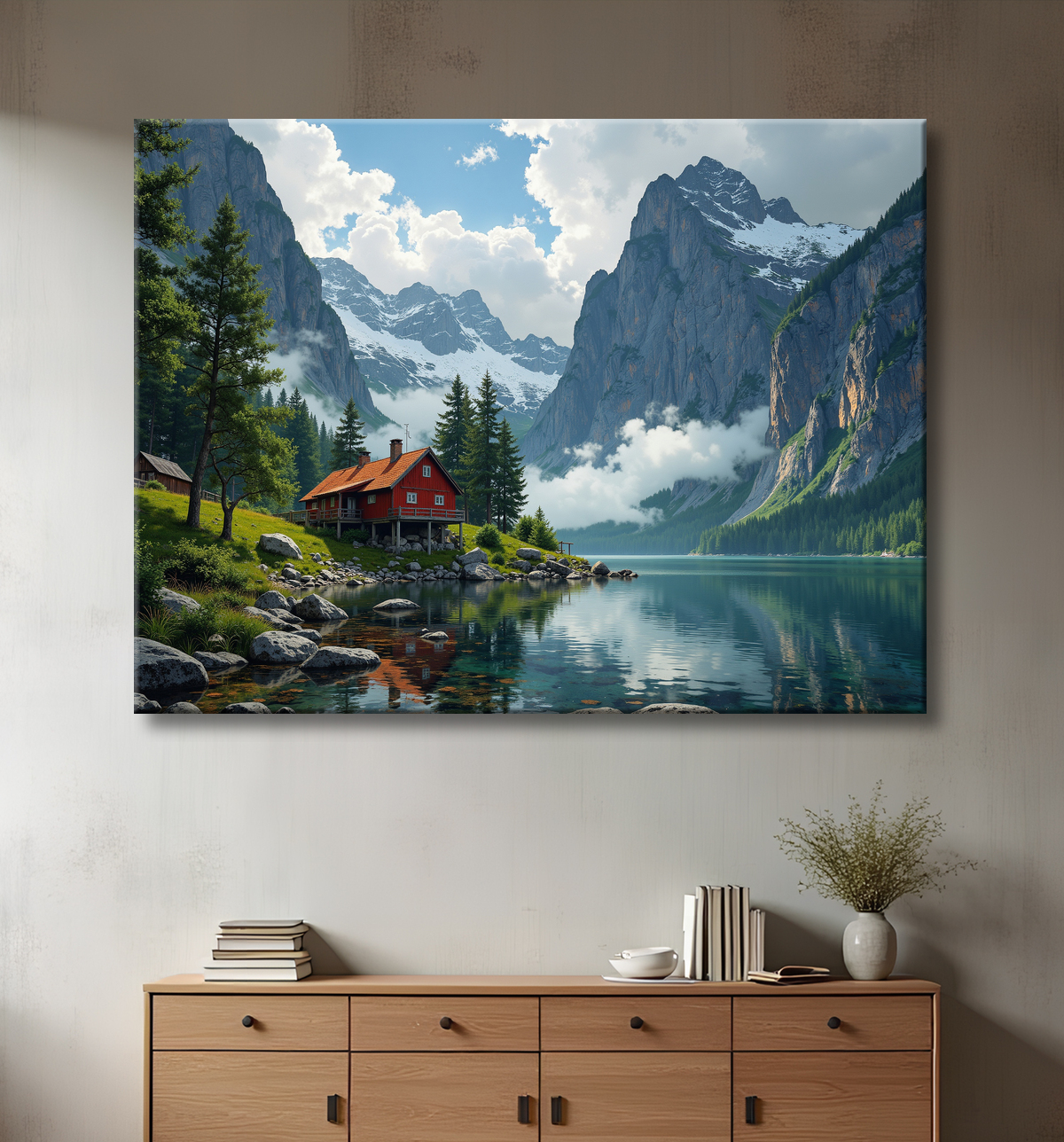 Paysage scandinave avec lac et maison rouge avec decor