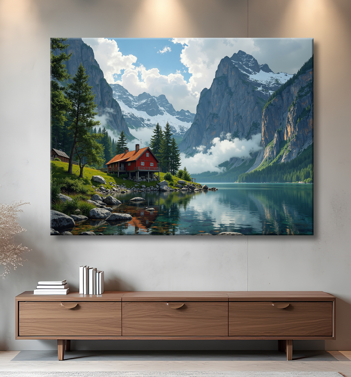 Paysage scandinave avec lac et maison rouge avec decor