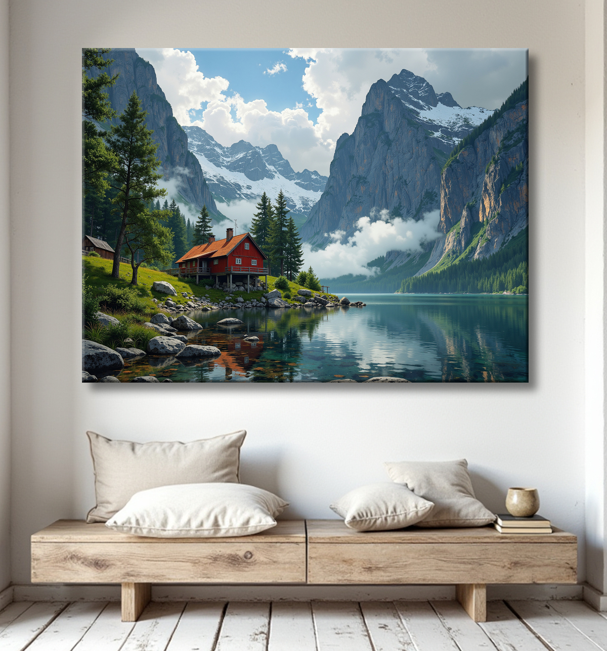 Paysage scandinave avec lac et maison rouge avec decor
