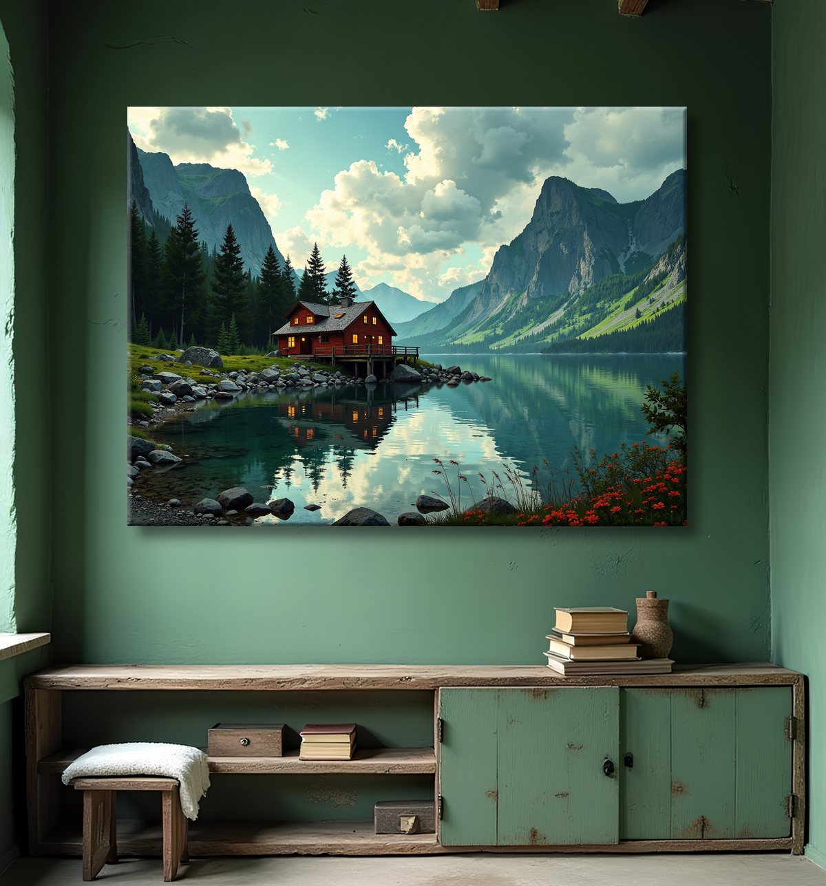 Paysage scandinave avec lac et maison rouge avec decor